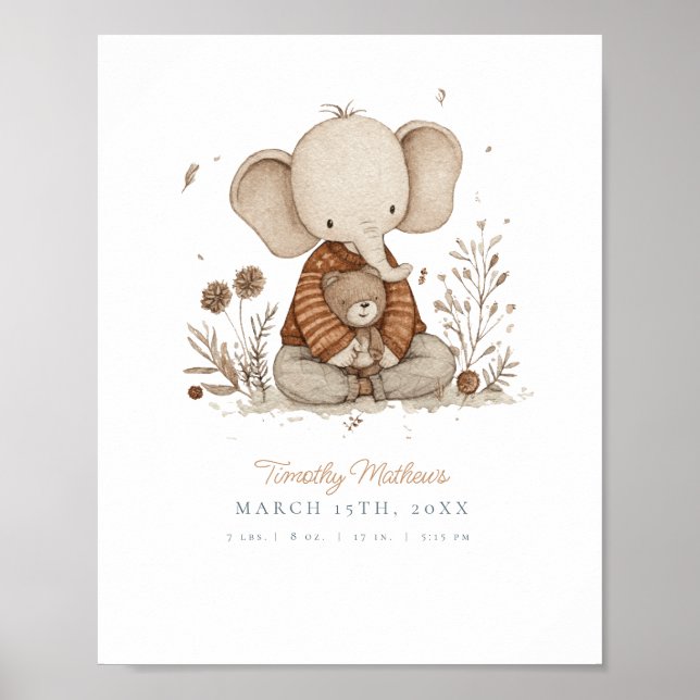 Poster Berçário de Elefante com Aquarela Personalizável (Frente)