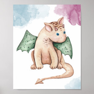 Poster Berçário de fantasia com dragão bebê em aquarela