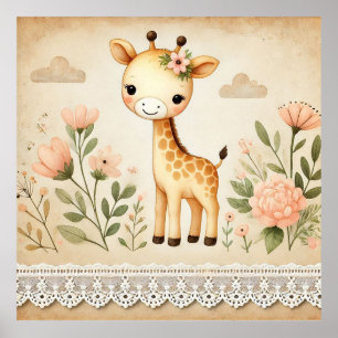 Poster Berçário de Girafa Bebê Floral