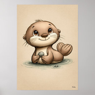 Poster Berçário de Lontra Bebê Fofo Escandinavo Minimalis