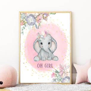 Poster Berçário de Menina Floral Rosa Aquarela de Elefant