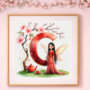 Poster Berçário de Menina Letra C Fada Floral