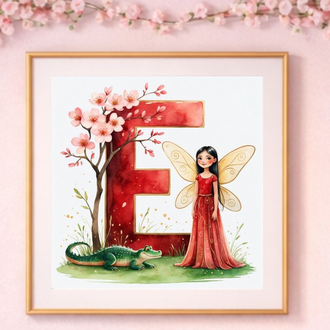 Poster Berçário de Menina Letra E Fada Floral (Criador carregado)