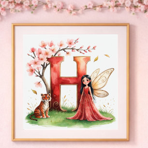 Poster Berçário de Menina Letra H Fada Floral