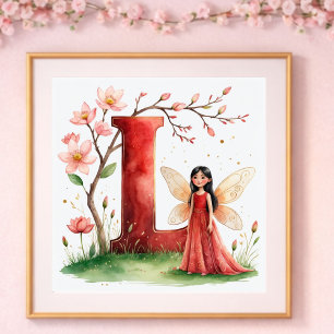 Poster Berçário de Menina Letra L Fada Floral
