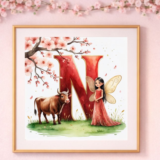 Poster Berçário de Menina Letra N Fada Floral (Criador carregado)