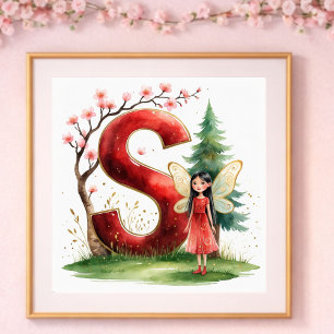 Poster Berçário de Menina Letra S Fada Floral