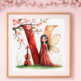 Poster Berçário de Menina Letra V Fada Floral