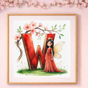 Poster Berçário de Menina Letra W Fada Floral
