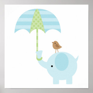 Poster Berçário de Menino Elefante Azul Fofo