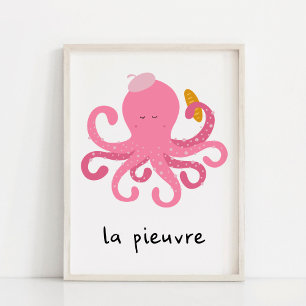 Poster Berçário de polvo francês rosa fofo