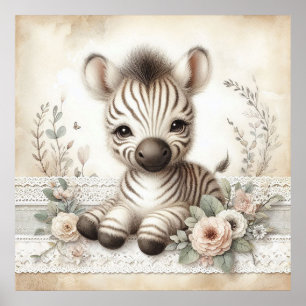 Poster Berçário Floral Bebê Zebra