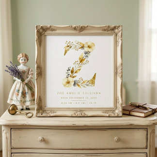 Poster Berçário Fofo Romântico Floral Z Letra Dourado LPM