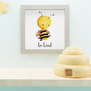 Poster Berçário infantil abelha amarela e rosa Be Kind