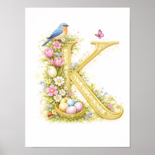 Poster Berçário Letra K Azul Bebê Inicial Floral Dourado