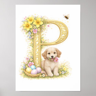 Poster Berçário Letra P Cachorrinho Bebê Inicial Floral D