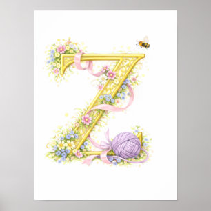 Poster Berçário Letra Z Fio Bebê Inicial Floral Dourado