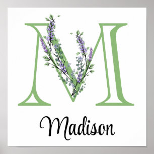 Poster Berçário Monograma M Lavanda Eucalipto