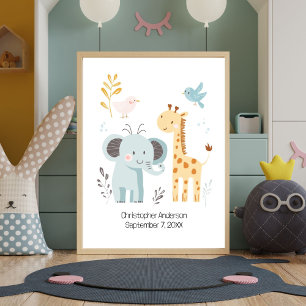 Poster  Berçário Personalizado com Elefante Girafa Pássar