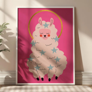 Poster Berçário Rosa Pastel de Alpaca Fofa Kawaii