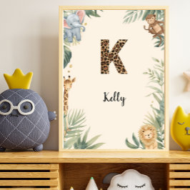 Poster Berçário Safari Nome Personalizado Monograma K