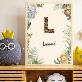 Poster Berçário Safari Nome Personalizado Monograma L