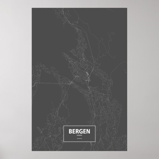 Pôster Bergen, Noruega (branco no preto) (Frente)