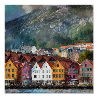 Pôster Bergen Noruega Casas Coloridas Lindas Vintage