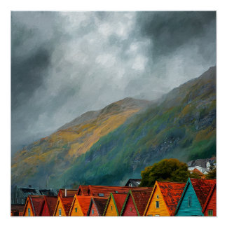 Pôster Bergen Noruega Casas de Madeira Vibrantes Viagem V