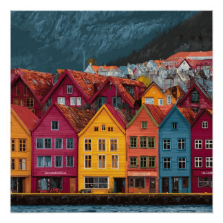 Pôster Bergen Noruega Pequeno Assentamento à Beira-Mar Vi