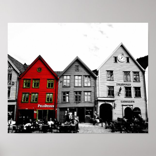 Poster Bergen Norway Black and White photowith red house  (Frente)