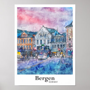Poster Bergen Norway Viagem Watercolor Sketch Drake