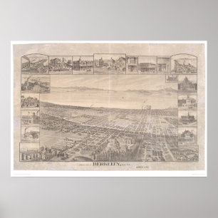 Pôster Berkeley, mapa panorâmico 1891 do CA (0099A) -