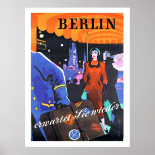 Poster Berlim, mulher na frente de um hotel, vintage,