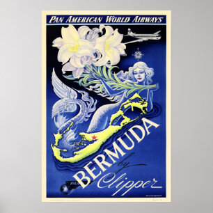 Poster BERMUDA por Clipper PAA Airways Viagens vintage An