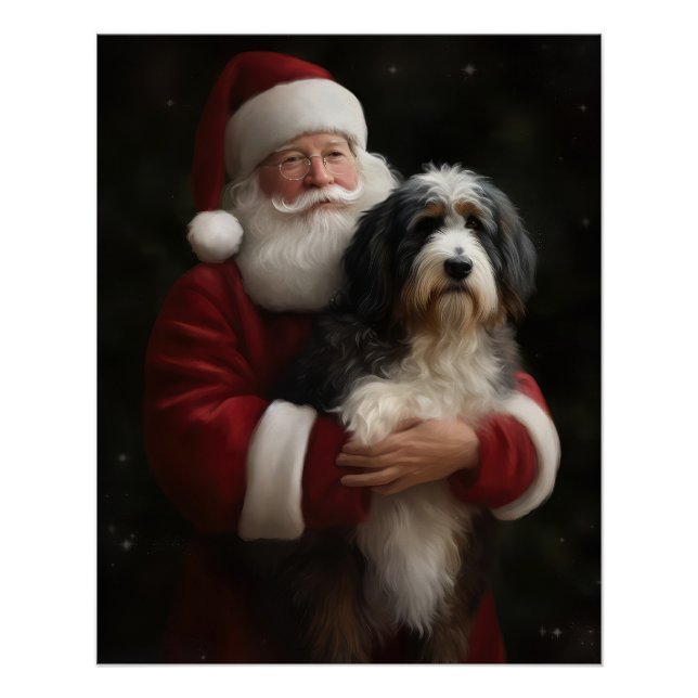 Pôster Bernedoodle com Papai Noel Natal Festivo (Frente)