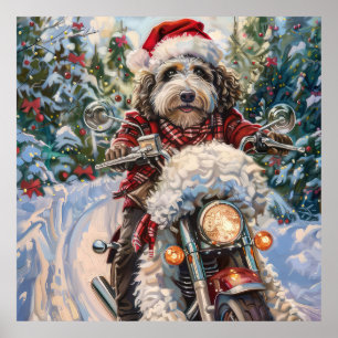 Poster Bernedoodle Dog Andando na Motocicleta Natal