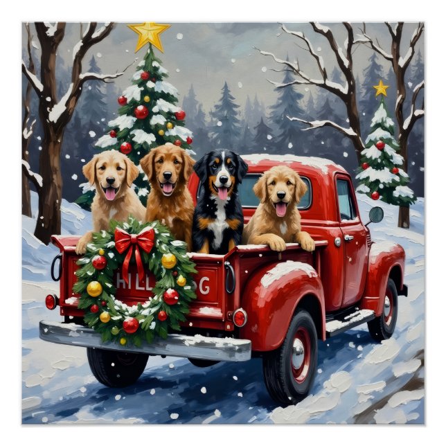 Pôster Bernedoodle Natal Caminhão Vermelho Feriado (Frente)