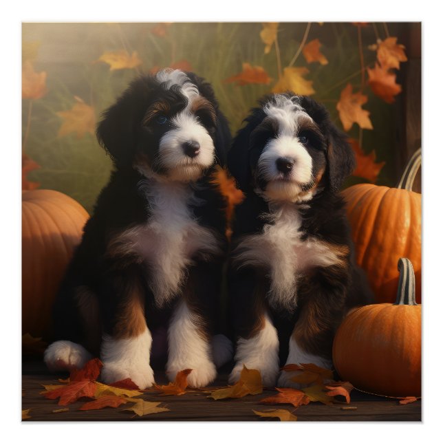 Pôster Bernedoodle Puppy Autumn Delight Pumpkin (Frente)