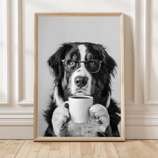 Poster Bernese Mountain Dog and Coffee Wall Art, Black an