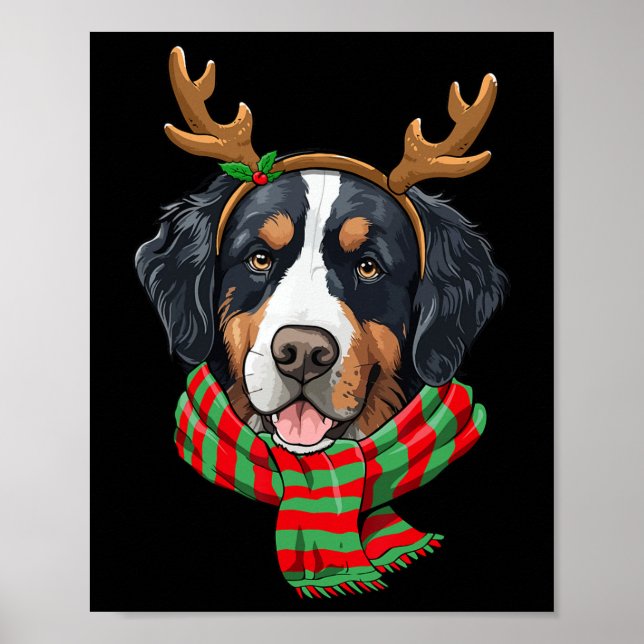 Poster Bernese Mountain Dog Reindeer Santa Hat (Frente)