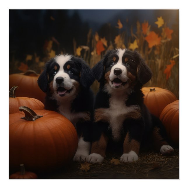 Pôster Bernese Mountain Puppy Autumn Delight Pumpkin (Frente)
