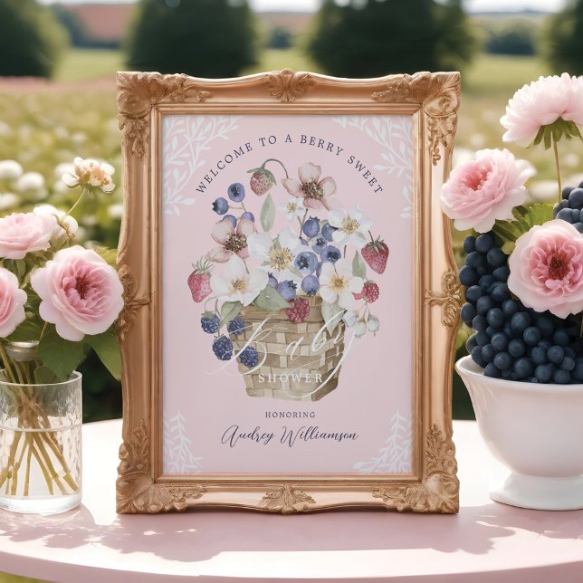 Poster Berries e Flores Chás de fraldas Berry Sweet Boas- (Berry Sweet Baby Shower Berries & Flowers Welcome Poster)