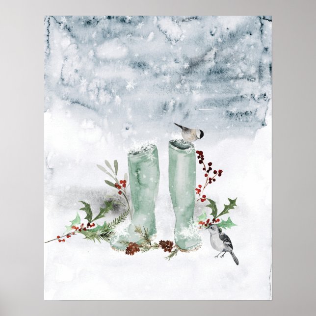 Poster Berry de inverno, Aves e Neve (Frente)