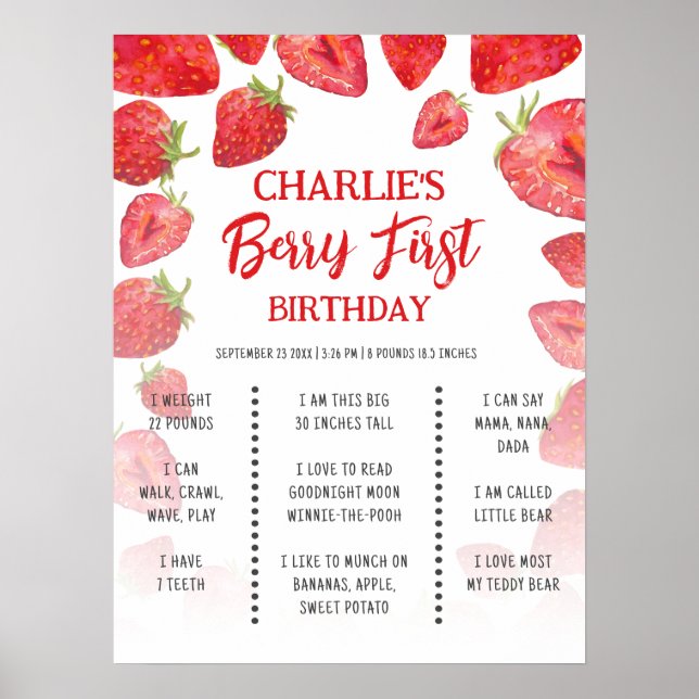 Poster Berry First Boho Strawberry Birthday Milestone (Frente)