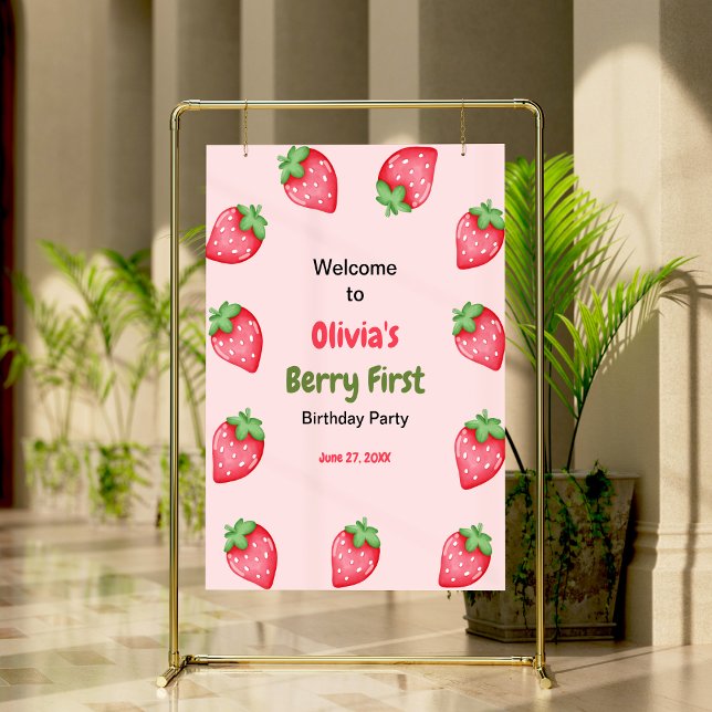 Poster Berry First Strawberry primeiro aniversario Welcom (Berry First Strawberry 1st Birthday Welcome Sign )