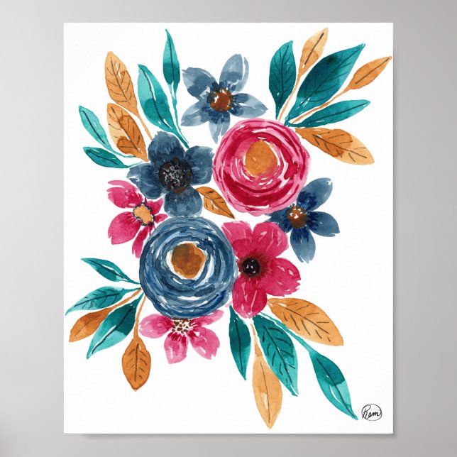 Poster Berry Red Marinho Mostarda Watercolor Flowers Art (Frente)