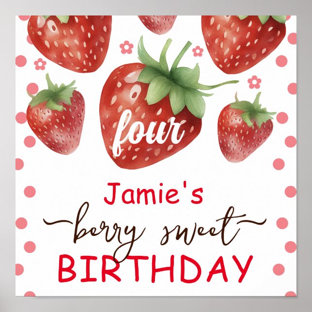 Poster Berry Sweet 4th Birthday Watercolor (Frente)