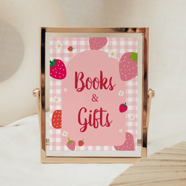 Poster Berry Sweet Gingham Strawberry Books e presentes (Gingham Strawberry Berry Sweet Baby Shower Books and Gifts Sign)