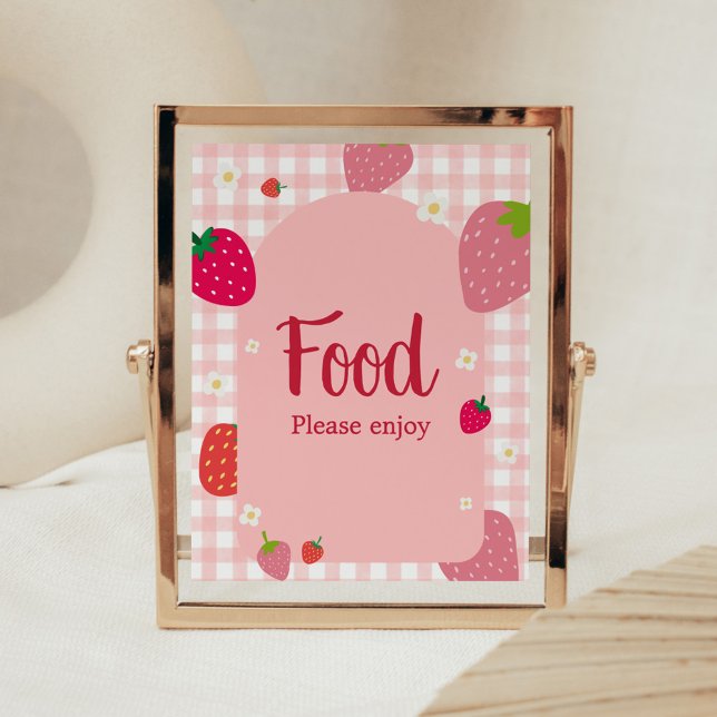 Poster Berry Sweet Gingham Strawberry Chá de fraldas Comi (Gingham Strawberry Berry Sweet Baby Shower Food Sign)